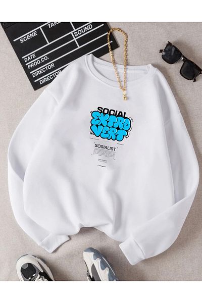 RPT MODA Oversized Extra Printed Detail Cycling Collar Basic Sweatshirt
