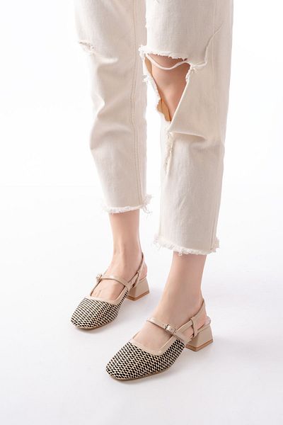 İNFON İnfon 720 Beige Patterned Open Back Daily Women's Sandals