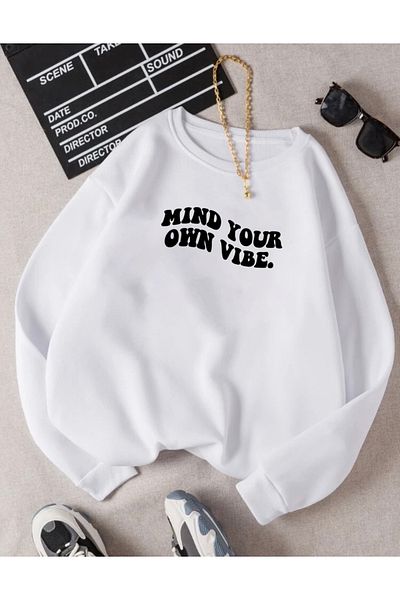 RPT MODA Oversized Mind Your Printed Detail Cycling Collar Basic Sweatshirt