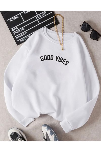 RPT MODA Oversized Goodvibes Printed Detail Cycling Collar Basic Sweatshirt