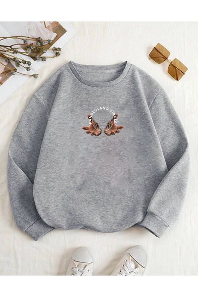 RPT MODA Oversized Hand World Printed Detailed Crewneck Basic Sweatshirt