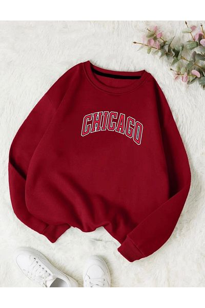 RPT MODA Oversized Chicago White Printed Detail Basic Sweatshirt with Crew Neck
