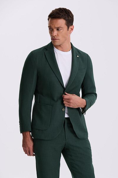 Jakamen Khaki Slim Fit Mono Collar Double Slit Patterned Bag Pocket Suit