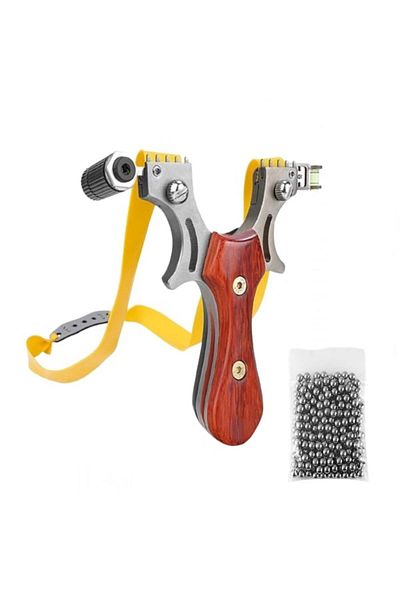 Depox Pachet Slingshot cu laser cu 100 bile metalice, 11,5 cm, cu tragaci, maner din lemn, maro