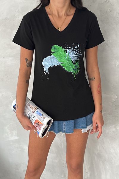 FEMELLE Tricou de damă, negru, cu decolteu în V, cu model de pene, brodat cu paiete, 100% bumbac