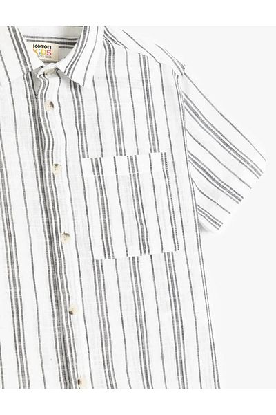 Koton Single Pocket Button Detailed Cotton Striped Ecru Boy's Shirt 5Skb60060Tw