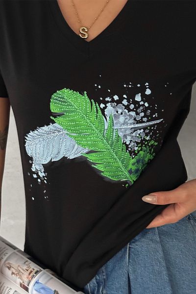 FEMELLE Tricou de damă, negru, cu decolteu în V, cu model de pene, brodat cu paiete, 100% bumbac