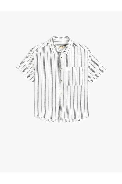 Koton Single Pocket Button Detailed Cotton Striped Ecru Boy's Shirt 5Skb60060Tw