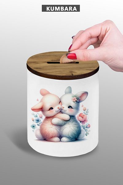 bymat Hugging Rabbit Visual Piggy Bank - Small Size Tabletop Piggy Bank - 9 cm Ceramic Piggy Bank - 25Kmb229