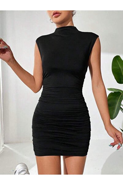 DİDVAKE Kadın Siyah Drapeli Büzgülü Astarlı Mini Elbise