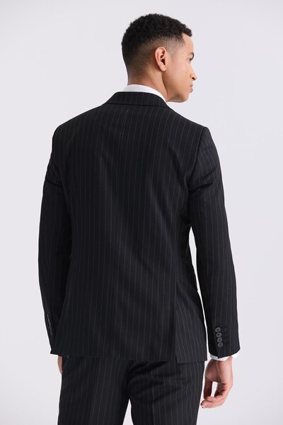 Jakamen Siyah Slim Fit Sivri Yaka Çizgili Kruvaze Takım Elbise