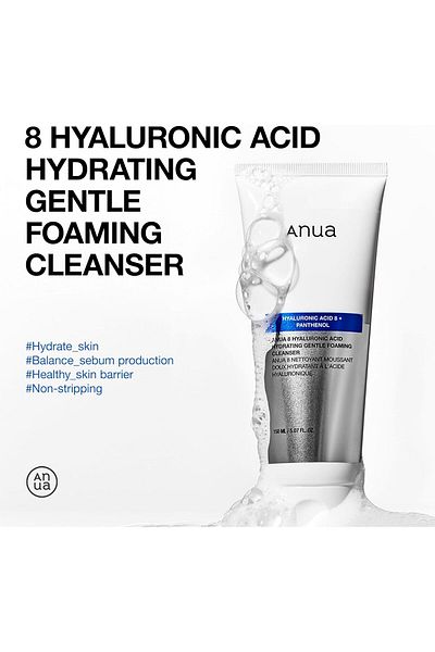 ANUA Hydrating Gentle Foaming Cleanser, Hyaluronic Acid, Glycerin, Zinc, Panthenol, Korean Face Wash