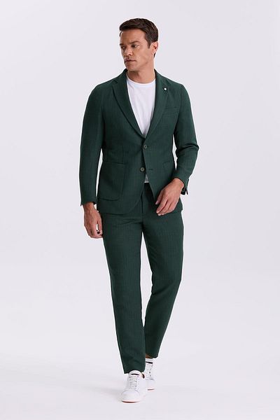 Jakamen Khaki Slim Fit Mono Collar Double Slit Patterned Bag Pocket Suit