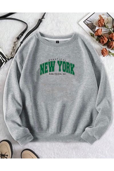 RPT MODA Oversized Green Newyork Printed Detail Cycling Collar Basic Sweatshirt