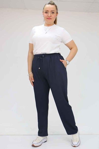 Eslina 39011 Large Size Navy Blue Wrap Skinny Leg Trousers