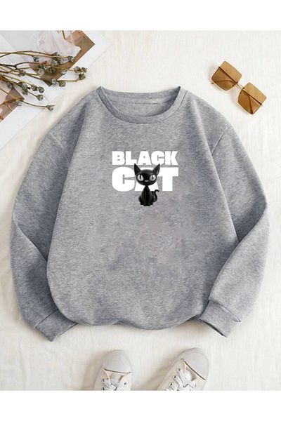RPT MODA Oversized Black Cat Printed Detail Basic Sweatshirt with Crew Neck
