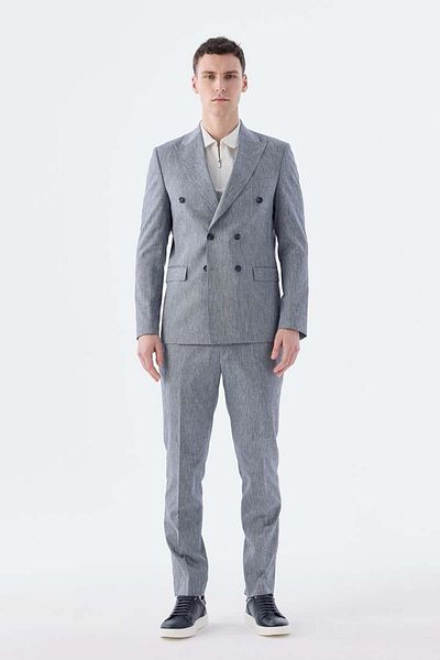 Jakamen Navy Blue Slim Fit Linen Blended Double Breasted Suit