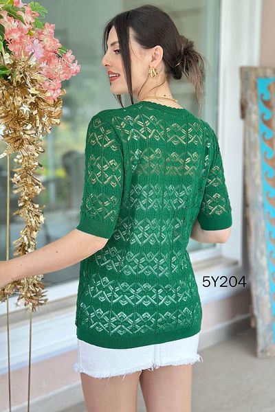 İnce Topuk Openwork V-Neck Mercerized Blouse 5Y204