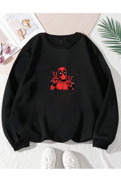 RPT MODA Oversized Dedpool Printed Detail Basic Sweatshirt with Crew Neck
