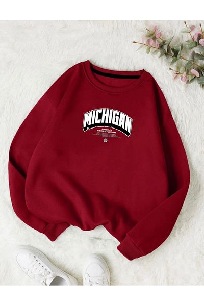 RPT MODA Oversized Michigan Print Detailled Crewneck Basic Sweatshirt