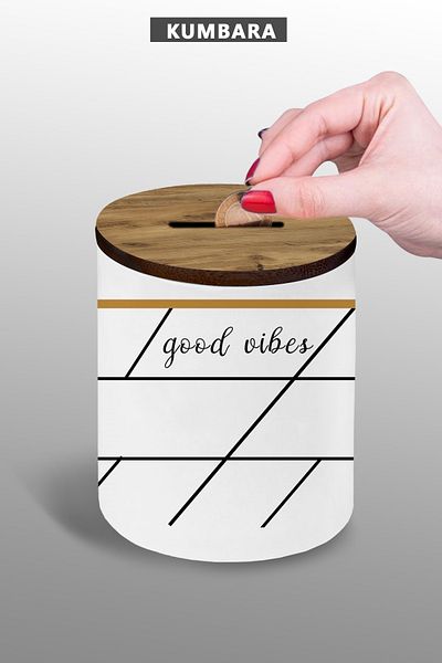 bymat Good Vibes Designed Piggy Bank - Small Size Tabletop Piggy Bank - 9 cm Ceramic Piggy Bank - 25Kmb113