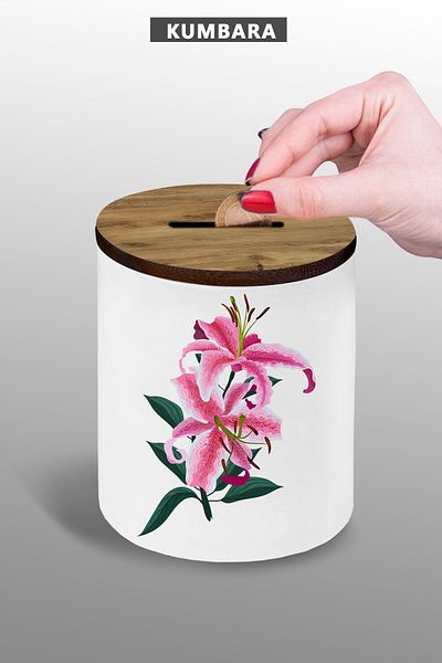 bymat Pink Flower Design - 9 cm Ceramic Tabletop Piggy Bank - Small Size - 25 Km