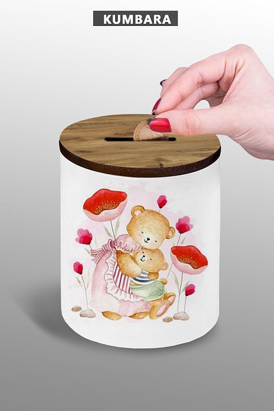 Bytwo Bear Mother and Child Photo Piggy Bank, Ceramic, 9 Cm, Small Size, 250 Grams