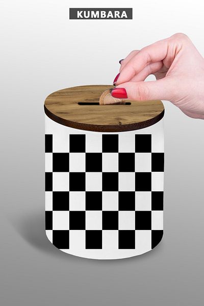 bymat Checkerboard Design Piggy Bank - Small Size Tabletop Piggy Bank - 9 cm Ceramic Piggy Bank - 25Kmb44