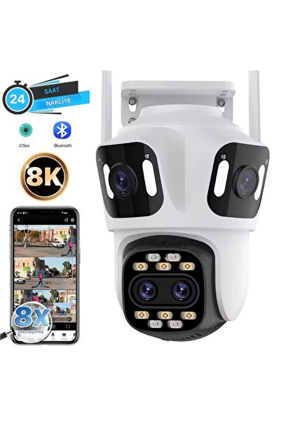 qasul 8K 16MP 8X Zoom Dış Mekan Kablosuz 360 IP Kamera PTZ 3 Kameralı Dört Le...