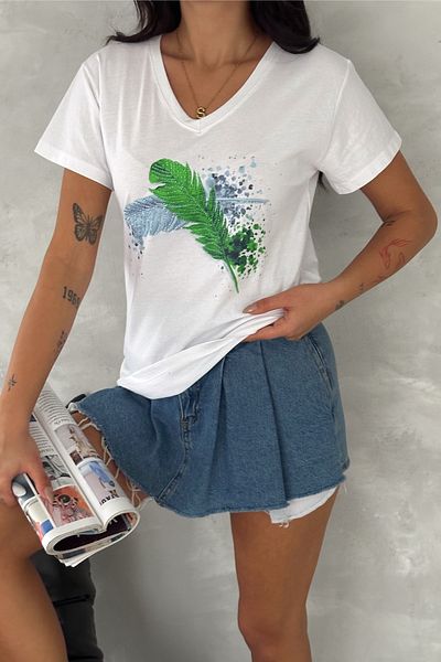 FEMELLE Women's White V-Neck Feather Pattern Sequin Embroidered 100% Cotton T-Shirt