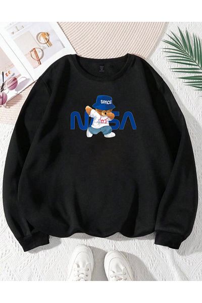 RPT MODA Oversized Nasa Printed Detailed Basic Sweatshirt with Crew Neck
