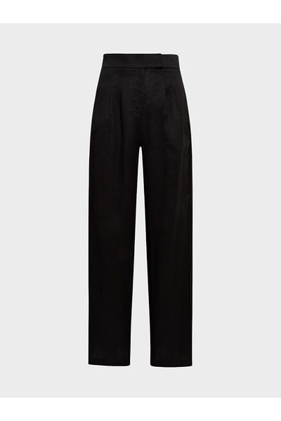 RİVUS High Waisted Ribbed Stitched Wide Leg Maxi Length Pleated Linen Trousers - Black
