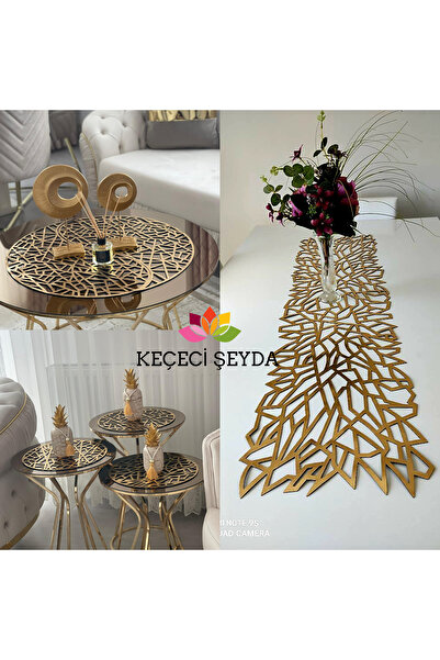 KEÇECİ ŞEYDA Runner/ yuvarlak orta sehpa/sehpa örtüsü ALTIN RENGİ ( 6 parça)