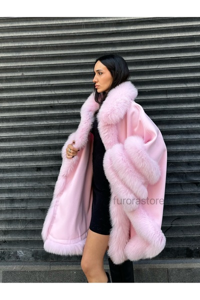 Furora Store Kadın kaşmir panço- Kürklü Oversize Panço- Kadın şal- Yünlü Şal