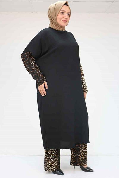 Eslina 57015 Σετ με παντελόνι συνδυασμού χρωμάτων Plus Size - Μαύρο-Λεοπάρ