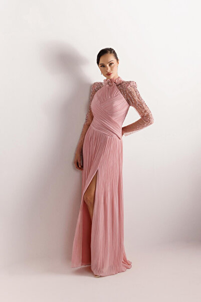 Kenzel Flower Detailed Collar Sleeve Embroidered Tulle Wrap Evening Dress
