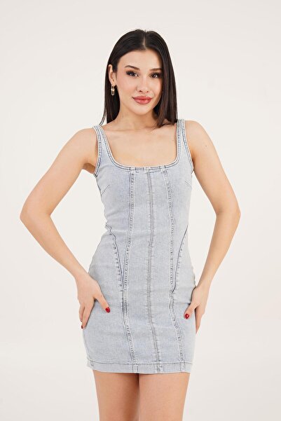 Hipo Trend Rochie mini din denim albastru deschis cu bretele Comford