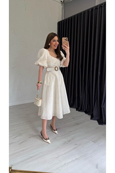 elif teke فستان بأكمام بالونية بحزام - إكرو