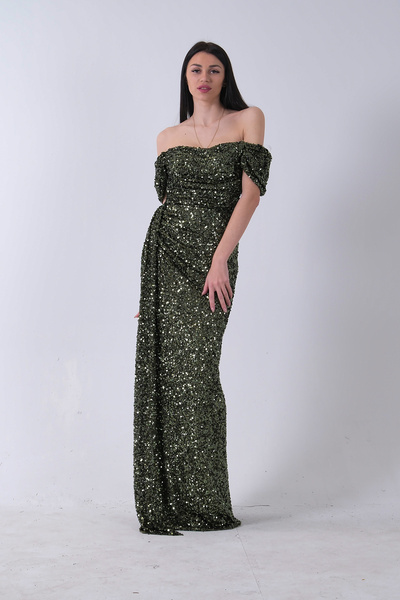 Feminist Drape ve Yırtmaç Detaylı Pul Payet Abiye Haki 9705544