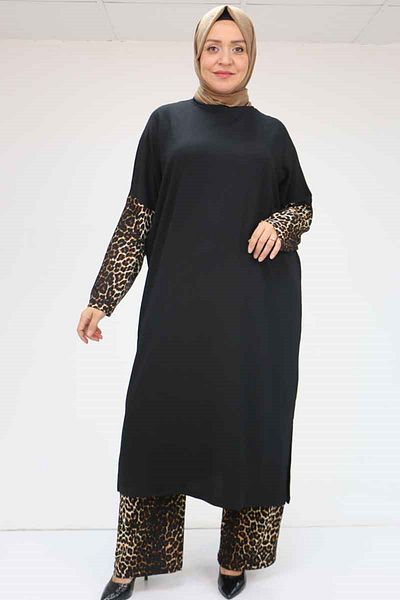 Eslina 57015 Σετ με παντελόνι συνδυασμού χρωμάτων Plus Size - Μαύρο-Λεοπάρ