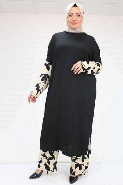 Eslina 57015 Large Size Wrap Suit with Combination Trousers - Beige-Black