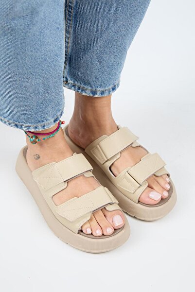 Manijero Farah Women's Genuine Leather Double Velcro Beige - Beige Slippers