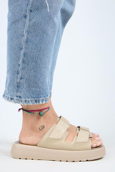 Manijero Papuci Farah din piele naturală pentru femei, cu velcro dublu, bej - bej
