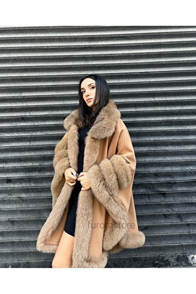 Furora Store Kadın kaşmir panço- Kürklü Oversize Panço- Kadın şal- Yünlü Şal