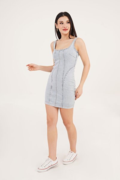 Hipo Trend Rochie mini din denim albastru deschis cu bretele Comford