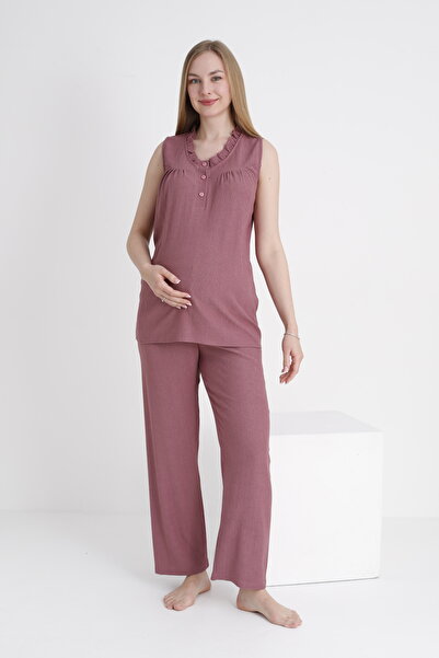 Miss Dünya Lissa طقم بيجامة منسوجة بتفاصيل مكشكشة للحوامل والأمهات ورقبة على ...