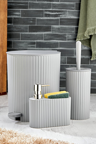 Homie ESTE - 3 Parça Pedallı Banyo Seti - Pedallı Çizgili Yuvarlak Çöp Kovası...