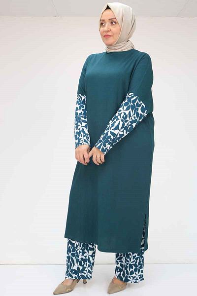 Eslina 57015 Σετ με παντελόνι συνδυασμού χρωμάτων Plus Size - Ecru-Petrol