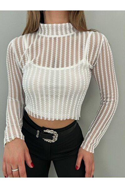 Safgiyim44 Kadın Çizgili File Tül Detay (İÇLİK-BLUZ)