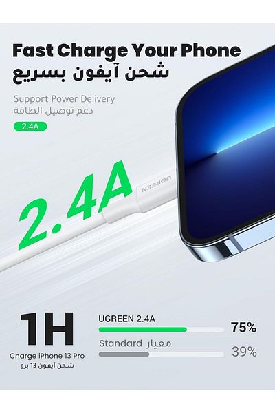 Ugreen USB-A to Lightning Charging Cable, 1 Meter, 2.4A, 20W PD, Compatible for iPhone, White